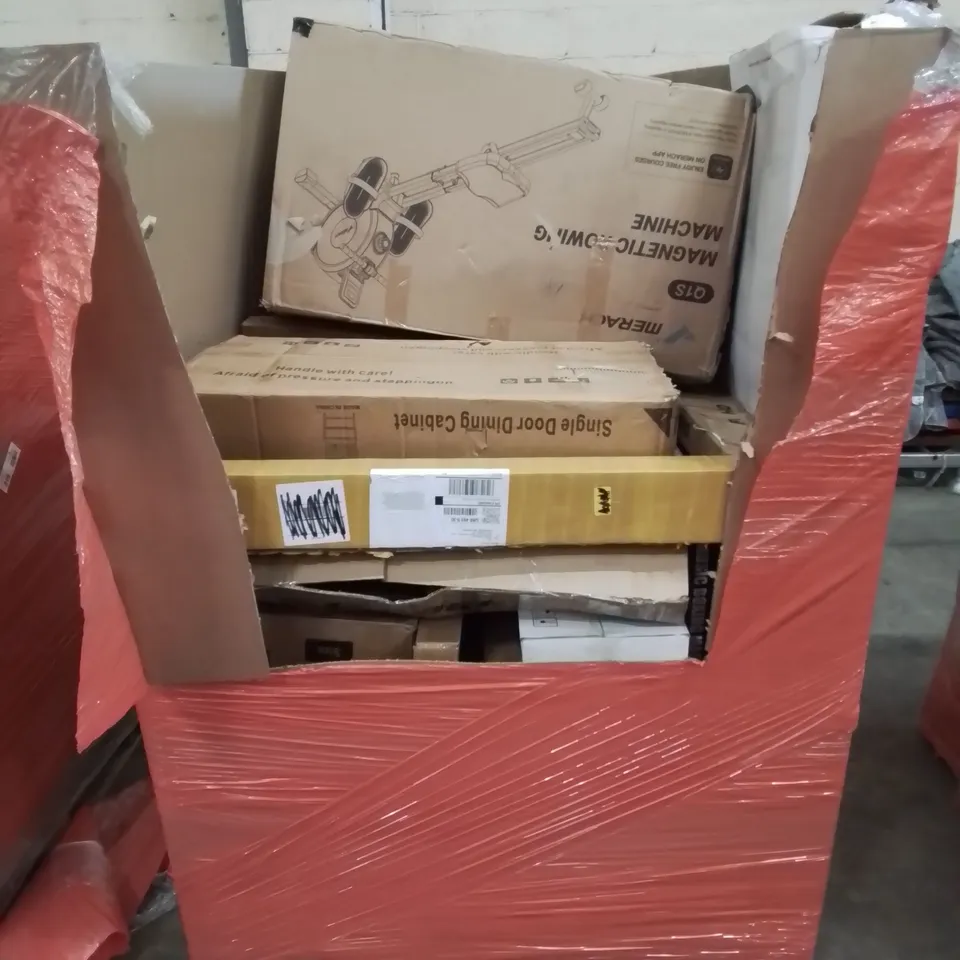 PALLET CONTAINING VARIOUS ASSORTED BOXED HOUSEHOLD ITEMS TO INCLUDE: MAGNETIC ROWING MACHINE,  SINGLE DOOR DINING CABINET, INFARED PANEL HEATER AND LOTS MORE UNMARKED BOXED ITEMS 