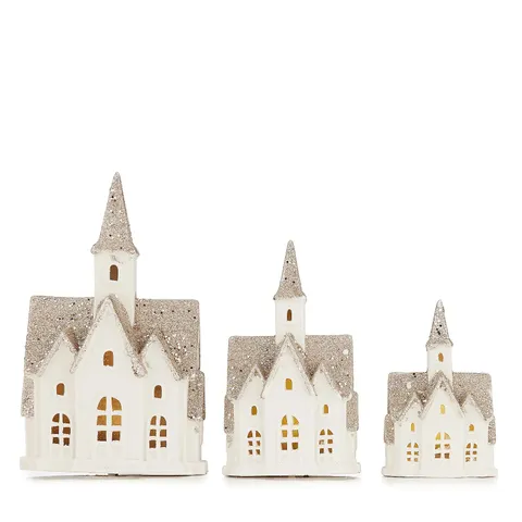BOXED HOME REFLECTIONS SET OF 3 CHAMPAGNE GLITTER TOP WHITE PORCELAIN HOUSES