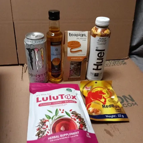 APPROXIMATELY 20 ASSORTED FOOD AND DRINK ITEMS TO INCLUDE - MONSTER ENERGY ULTRA DRINK, RED BULL HARD CANDY AND BLACK TRUFFLE RAPESEED OIL
