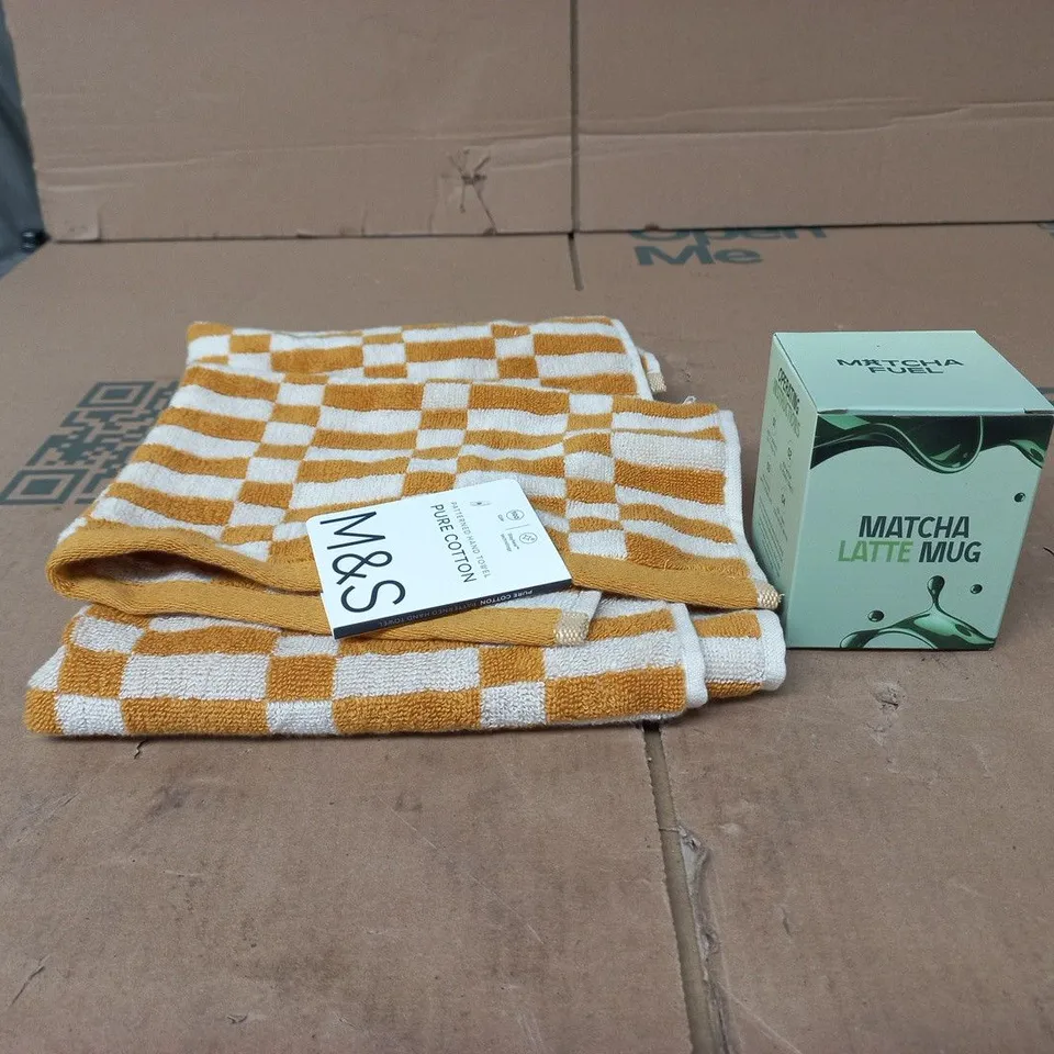 BOX OF APPROXIMATELY 20 ASSORTED ITEMS TO INCLUDE MARK AND SPENCERS PURE COTTON HAND TOWEL, MATCHA LATTE MUG ETC