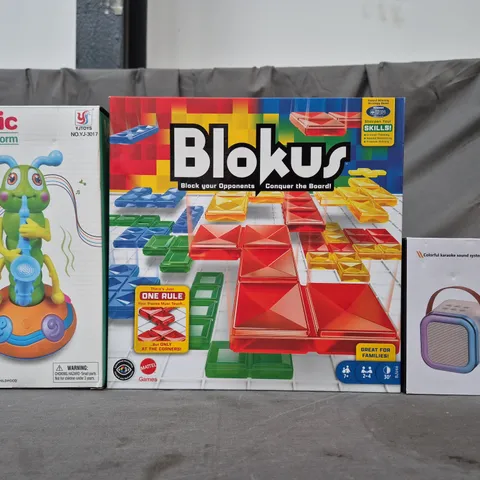 BOX OF APPROXIMATELY 20 ASSORTED TOYS AND GAMES TO INCLUDE MUSIC TWISTED WORM, BLOKUS, KARAOKE SOUND SYSTEM, ETC - COLLECTION ONLY