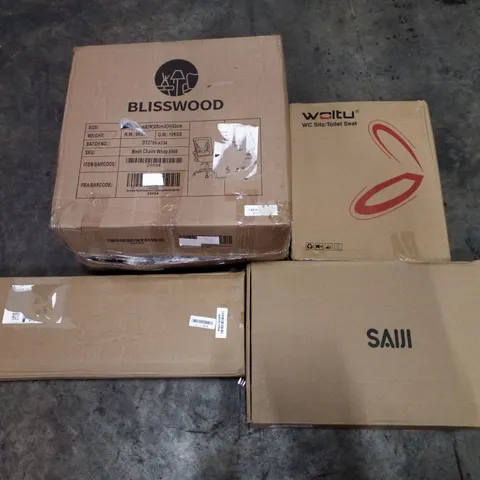 PALLET OF ASSORTED PRODUCTS INCLUDING MESH CHAIR, TOILET SEAT, MULTIFUNCTIONAL FOLDING TABLE, WATERPROOF CABINET