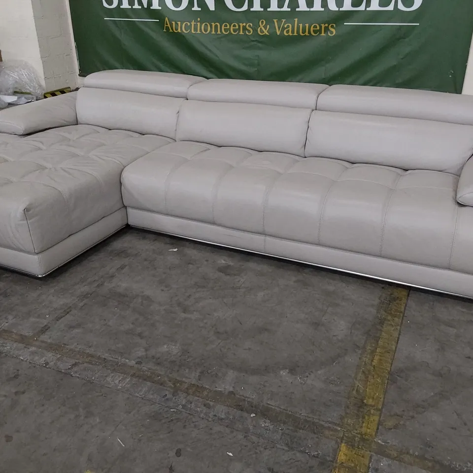 QUALITY ITALIAN DESIGNER NEW VIVALDI CHAISE SOFA WITH ADJUSTABLE HEADRESTS LIGHT GREY LEATHER