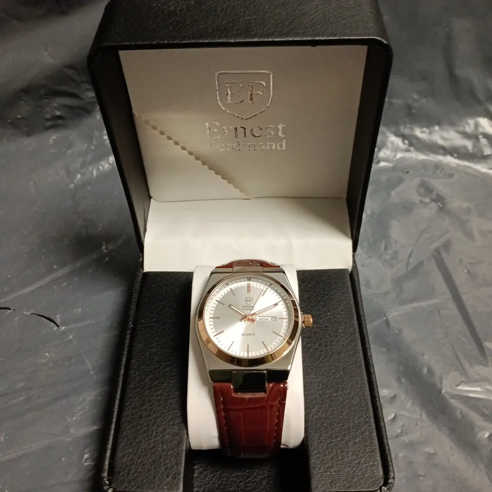 MENS ERNEST FERDINAND WATCH – DAY DATE CALENDAR DIAL – LEATHER STRAP