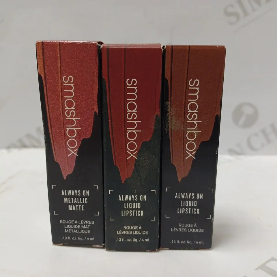 LOT OF 3 SMASHBOX ALWAYS ON LIPSTICKS TO INCLUDE RUST FUND, DISORDERLY, STAY NEUTRAL