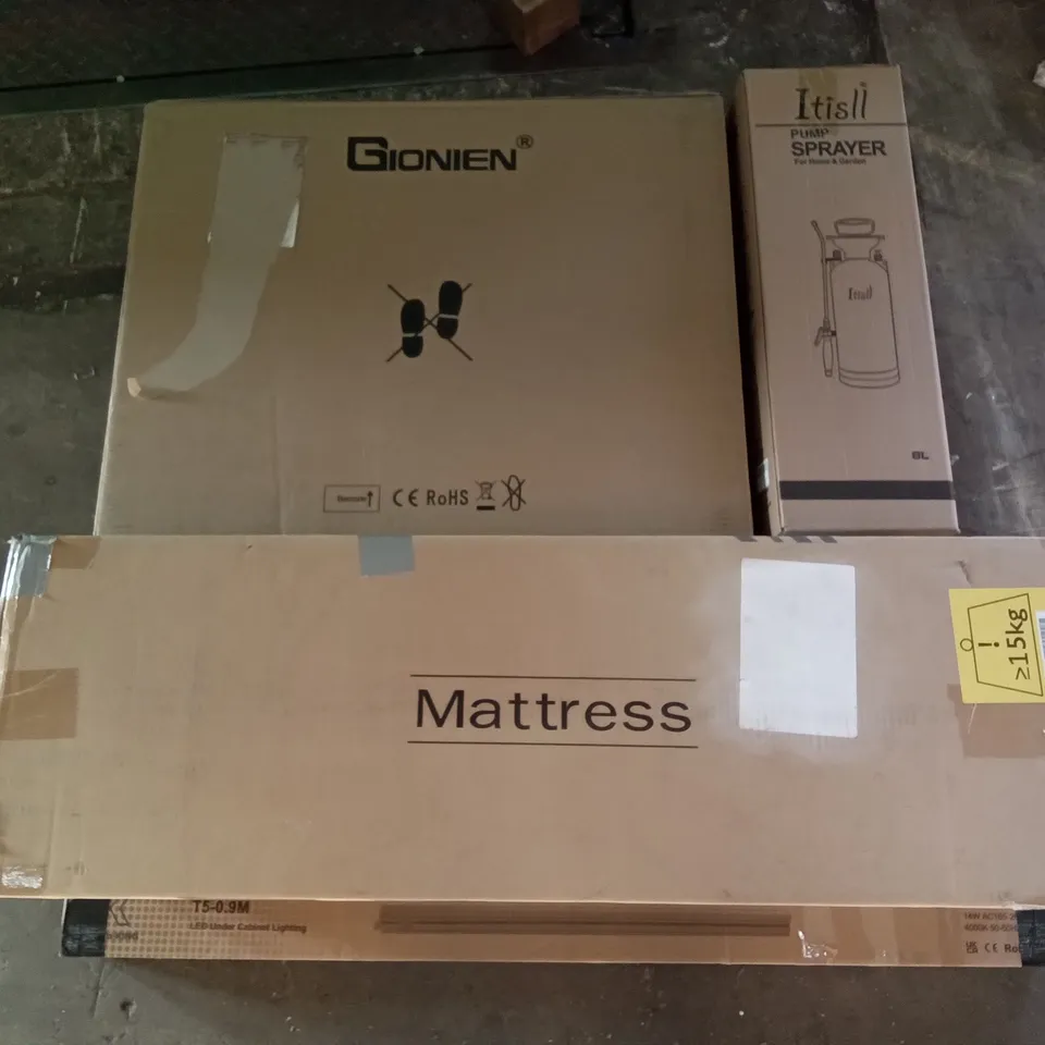 PALLET OF ASSORTED ITEMS INCLUDING ITISLL PUMP SPRAYER, GIONIEN CERAMIC HOB, LED UNDER CABINET LIGHTING, MATTRESS, SELECTMIRRORS, STAND MIXER 