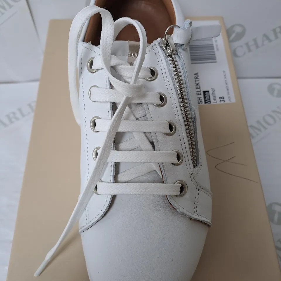 BOXED SHOON WHITE LEATHER ZIPPED TRAINERS SIZE 5