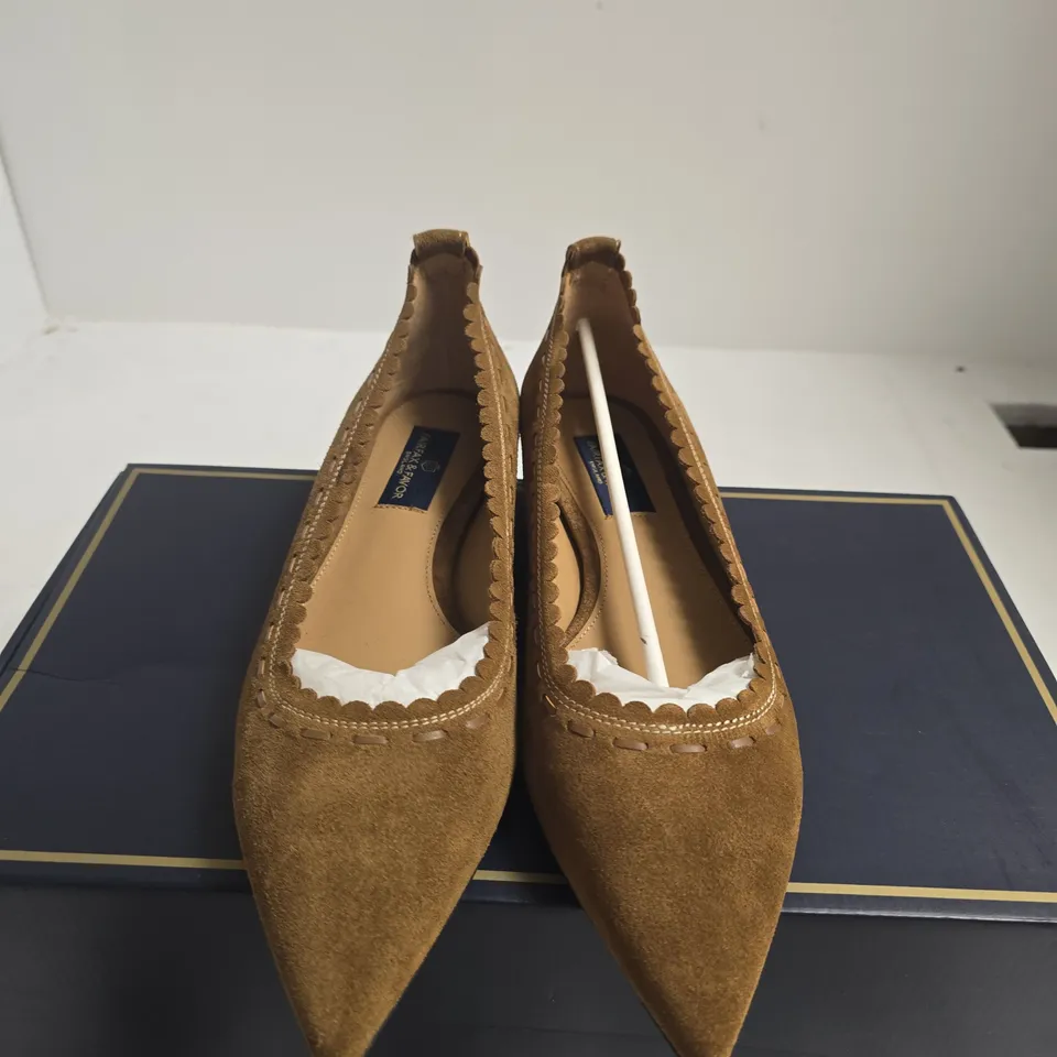 BOXED PAIR OF FAIRFAX & FAVOUR TAN SUEDE BALLET FLATS – UK 5 (EU 38)