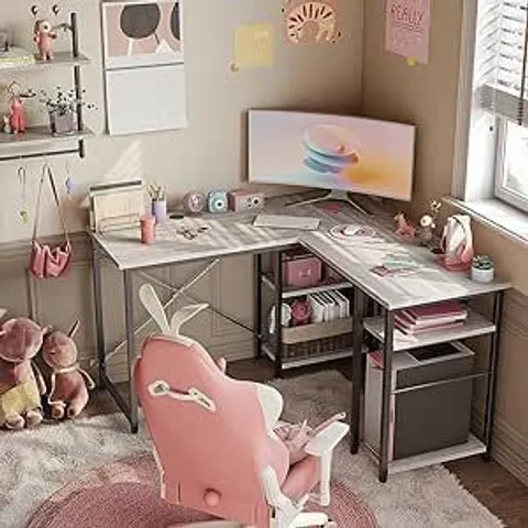 BOXED BESTIER L SHAPED DESK WITH SHELVES, 47in REVERSIBLE CORNER COMPUTER DESK - WHITEWASH (1 BOX)