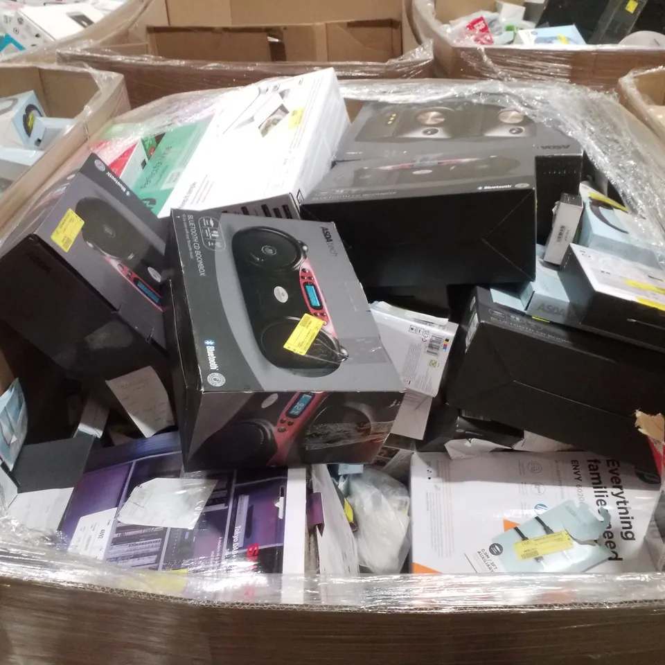 PALLET CONTAINING ASSORTED ELECTRICAL PRODUCTS INCLUDING CANON PIXMA TS3350 PRINTER, BLUETOOTH BOOMBOX, WIRELESS HEADPHONES, DIGITAL RADIO, HI-FI MICRO SYSTEM & KEYBOARD AND MOUSE COMBO