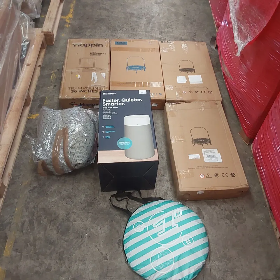 PALLET OF ASSORTED ITEMS INCLUDING: PALLET OF ASSORTED ITEMS INCLUDING: MINI TRAMPOLINES, BLUEAIR AIR PURIFIER, RUG, POP-UP BEACH TENT ECT