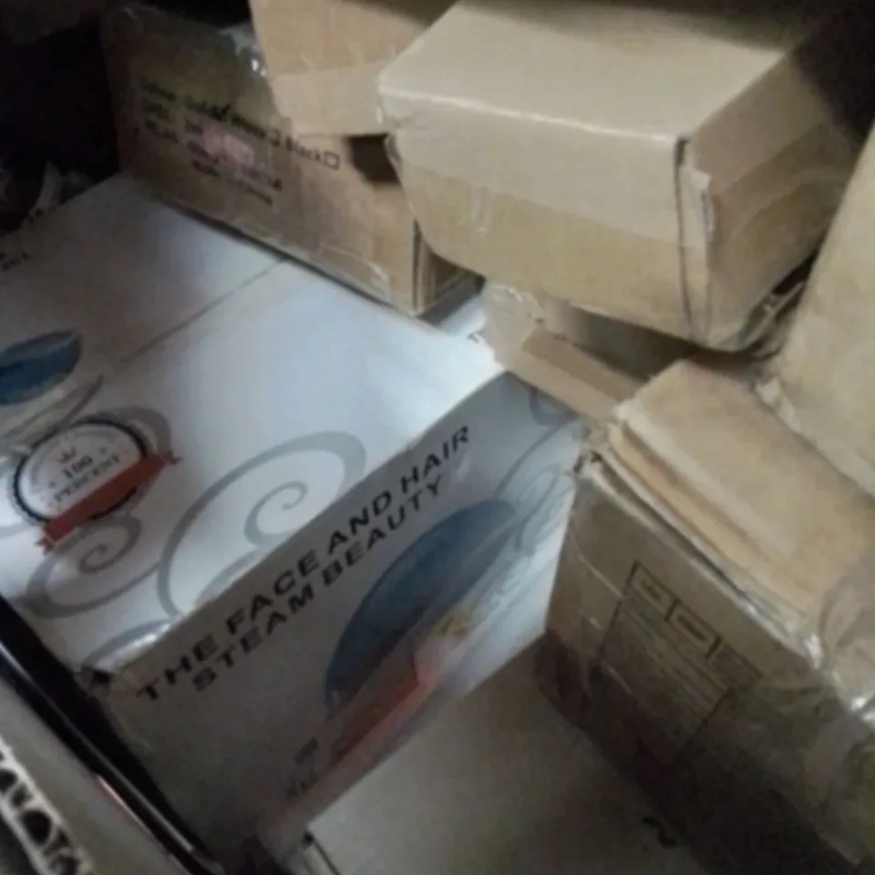 PALLET CONTAINING VARIOUS ASSORTED ITEMS TO INCLUDE,  HAIR AND FACE STEAMER, SLOW JUICER, SEVERAL 3 PCS GARDEN SHEER SETS ECT.
