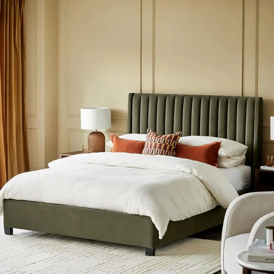 BOXED DANETTI AMALFI OLIVE GREEN VELVET SUPER KING SIZE OTTOMAN STORAGE BED (3 BOXES)