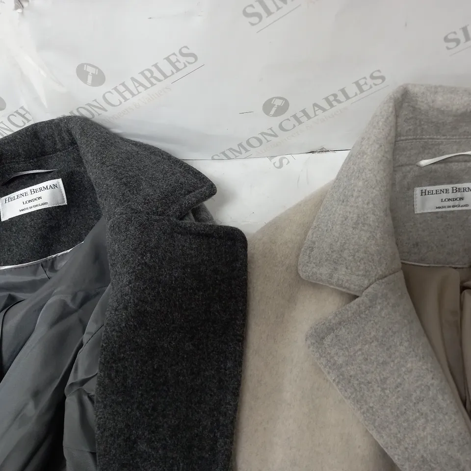 BOX OF 4 HELENE BERMAN CONTRAST COLLAR COATS IN PALE GREY, OATMEAL, ONE EACH SIZE 10 & 12