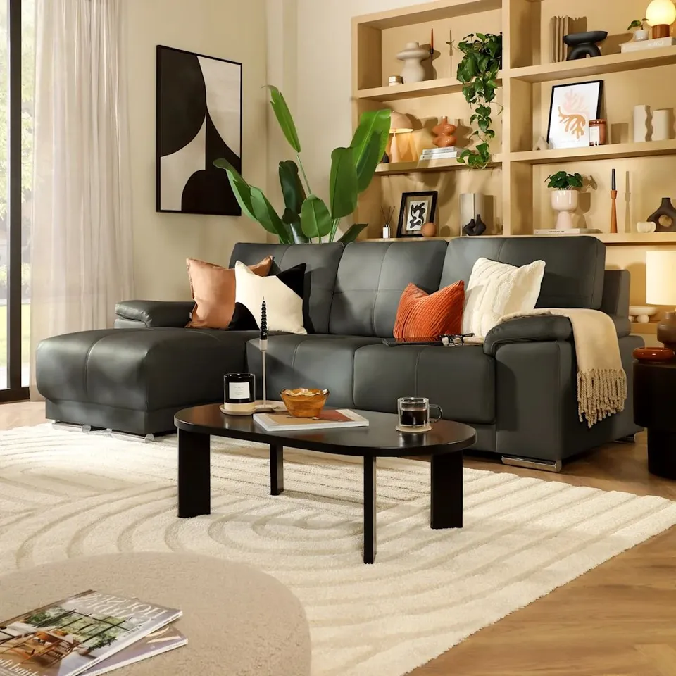BOXED KANSAS L-SHAPE CORNER SOFA, LEFT HAND FACING, GREY PREMIUM FAUX LEATHER (2 BOXES)