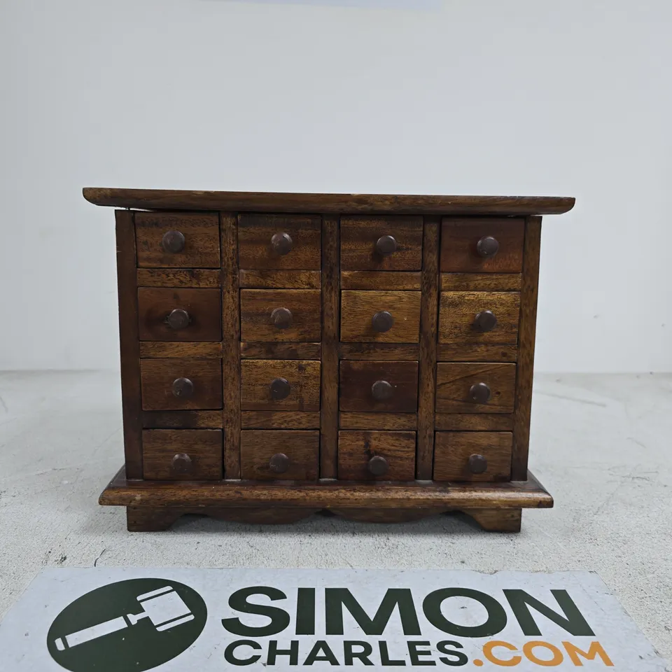 WOODEN APOTHECARY CABINET WITH 16 SMALL DRAWERS