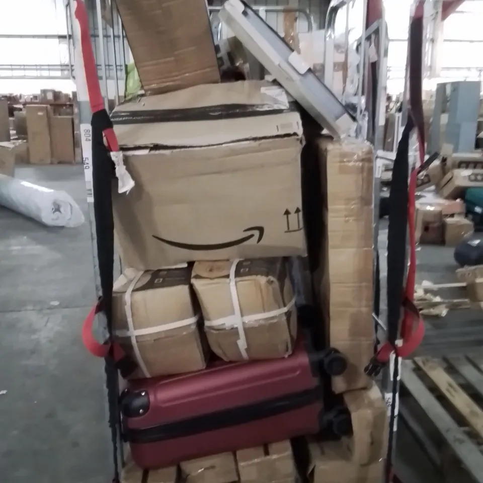CAGE OF ASSORTED HOUSEHOLD GOODS AND PRODUCTS TO INCLUDE;DOG CAGE,SUITCASE,DUMBBELLS,LAUNDRY BASKET,LITTER PICKERS
