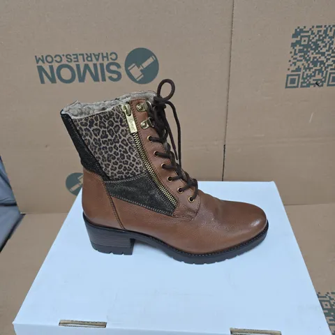 LOTUS WOMEN'S BROWN LEATHER BOOT WITH LEOPARD PRINT PANEL – GOLD ZIP & LACE-UP SIZE 6 BOXED