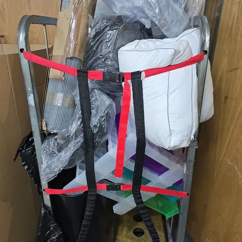 CAGE OF APPROXIMATELY 15 ASSORTED ITEMS INCLUDING STORAGE BOXES , SWING BIN , CHICKEN WIRE AND PILLOW 