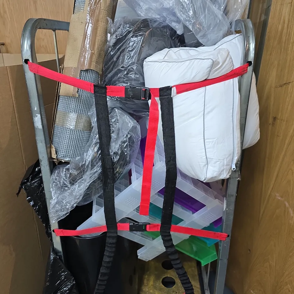 CAGE OF APPROXIMATELY 15 ASSORTED ITEMS INCLUDING STORAGE BOXES , SWING BIN , CHICKEN WIRE AND PILLOW 