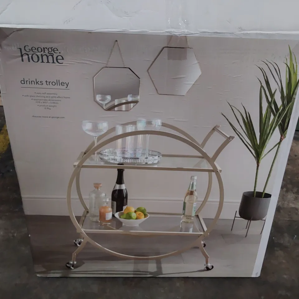 BOXED BRAND NEW GEORGE HOME DRINKS TROLLEY WITH GLASS SHELVING & METAL FRAME H78 × W67 × D38cm