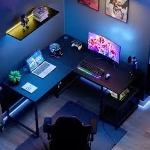 BOXED BESTIER L SHAPED GAMING DESK WITH STORAGE SHELVES - BLACK (1 BOX)
