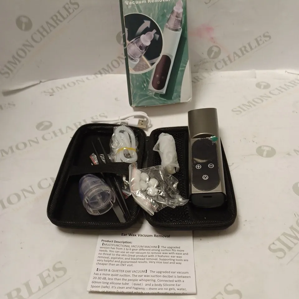 BOXED ELECTRIC EAR WAX VACUUM REMOVER WITH CASE, ACCESSORIES, USB CABLE AND INSTRUCTIONS
