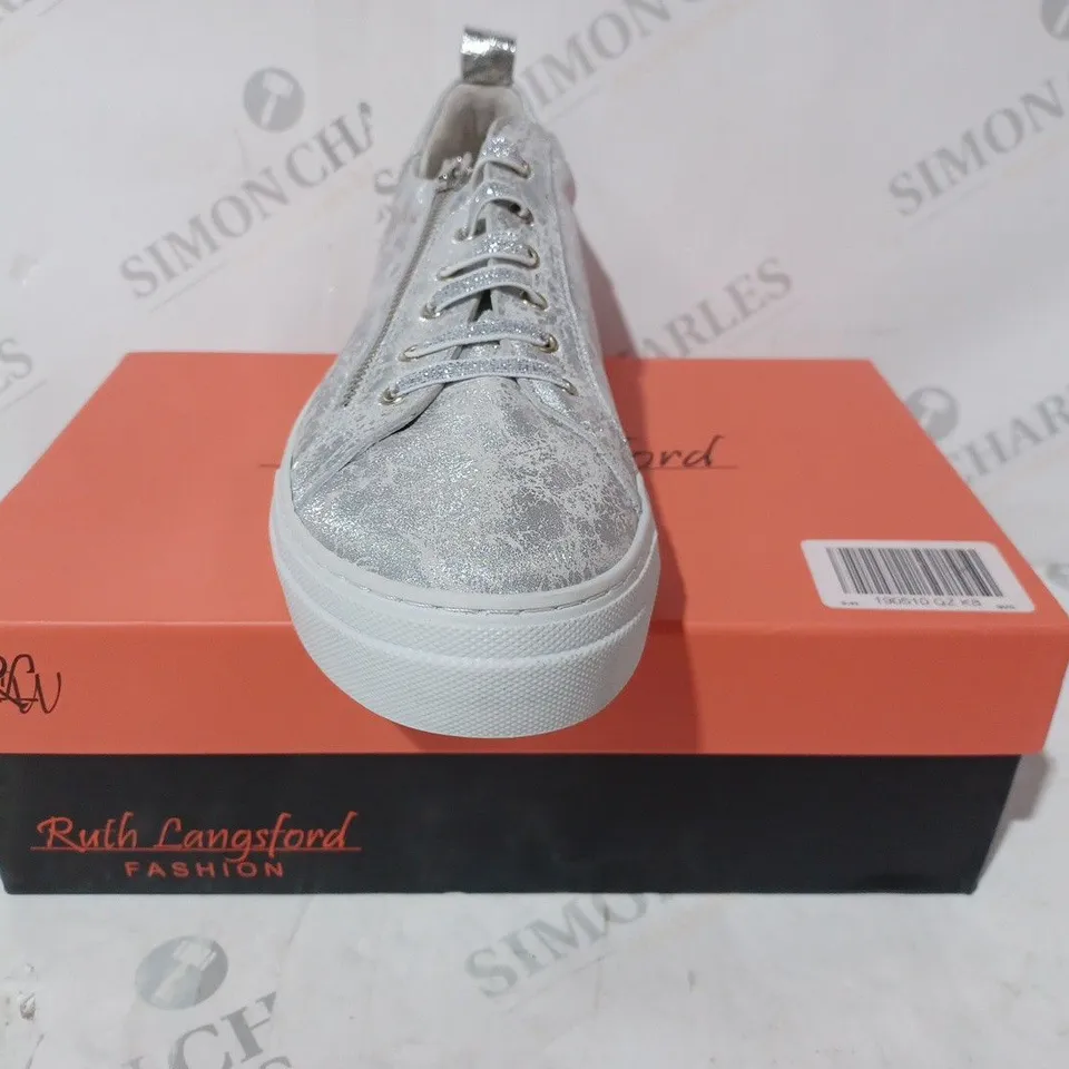 BOXED RUTH LANGSFORD ZIP DETAIL TRAINERS, SILVER - SIZE 8