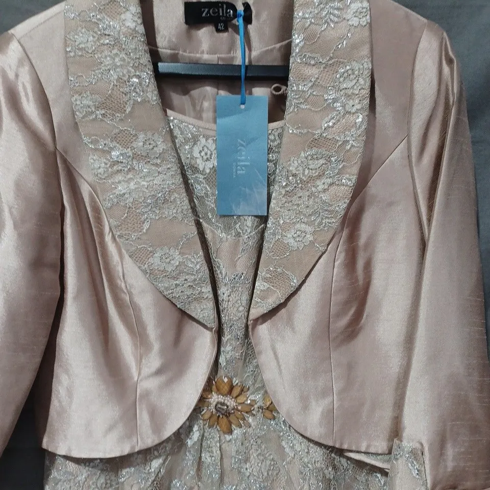 ZEILA COLLECTION TWO PIECE JACKET & DRESS IN FLORAL DESIGN IN NUDE - UK 12