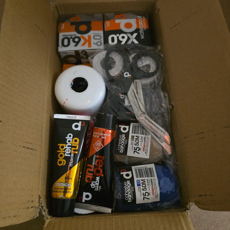 BOX OF APPROXIMATELY 7 PIECES OF SPORTS RECOVERY KIT INCLUDING D3 RED WARM UP MUSCLE RUB, D3 COHESIVE BANDAGE AND D3 K6.0 KINESIOLOGY TAPE