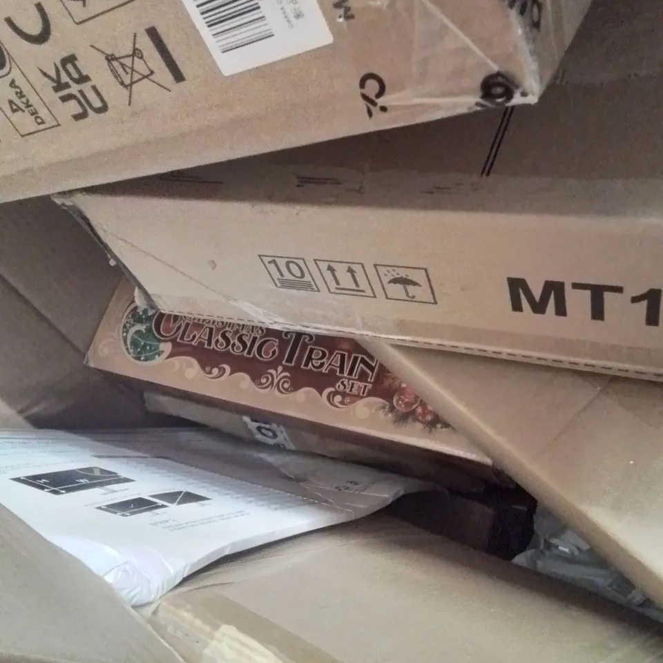 PALLET CONTAINING VARIOUS ASSORTED BOXED HOUSEHOLD ITEMS TO INCLUDE: TURNTABLE SYSTEMS, COOKER HOOD, CLASSIC CHRISTMAS TRAIN SET AND LOTS MORE UNMARKED BOXED ITEMS 