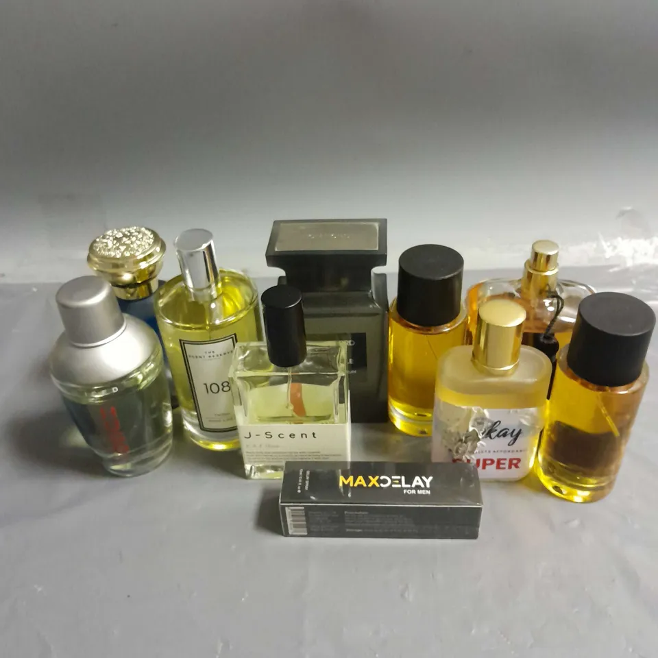 BOX OF APPROXIMATELY 10 ASSORTED FRAGRANCES TO INCLUDE - HUGO BOSS ICED - TOM FORD OUD MINERALE - J-SCENT HISUI - ETC