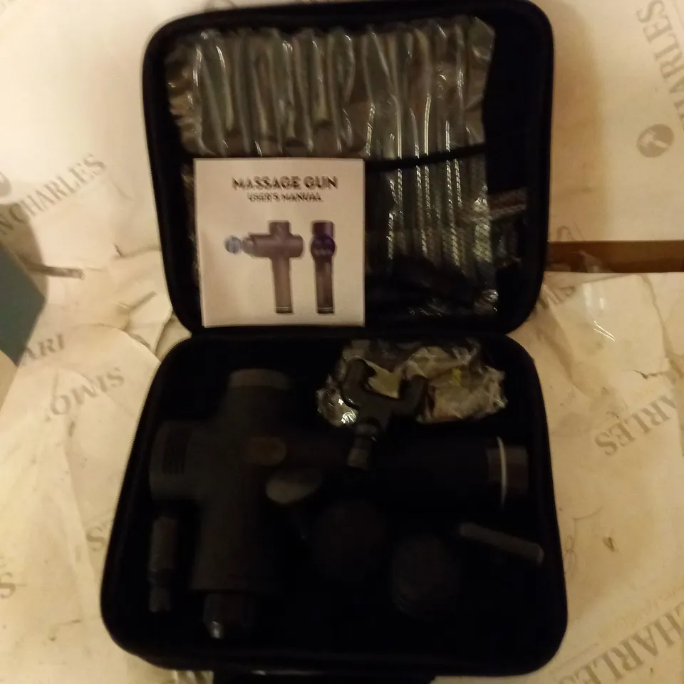 BOXED MASSAGE GUN WITH CARRY CASE, ACCESSORIES AND INSTRUCTIONS