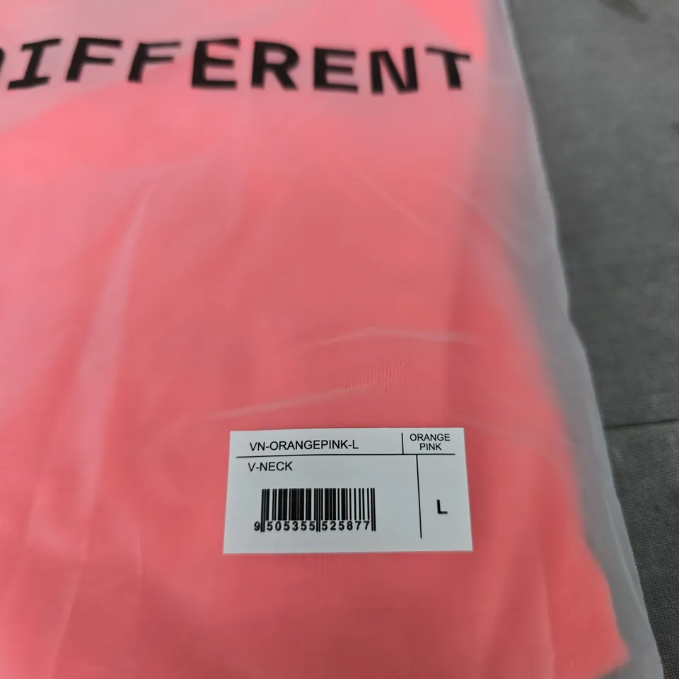 V-NECK T-SHIRT IN ORANGE-PINK, SIZE L (BUILT DIFFERENT)