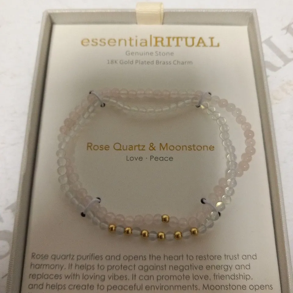 BOXED ESSENTIAL RITUAL GENUINE STONE 18K GOLD PLATED BRASS CHARM ROSE QUARTZ AND MOONSTONE