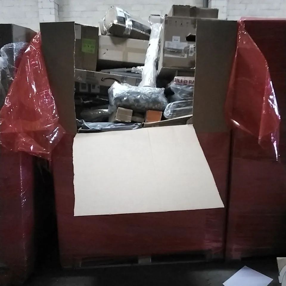 PALLET OF HOUSEHOLD ITEMS TO INCLUDE 3 IN 1 FAMILY SCALES, SHOWER SYSTEM, PET DOOR MOUNTING ADAPTER AND OTHER ASSORTED ITEMS....