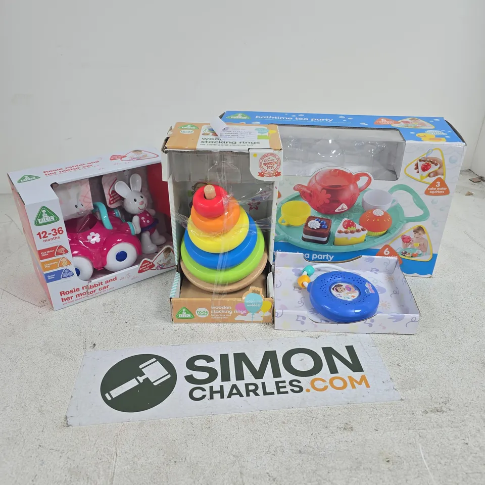 APPROXIMATELY 15 ASSORTED TOYS & GAMES PRODUCTS TO INCLUDE BATHTIME TEA PARTY SET, WOODEN STACKING RINGS, ROSIE RABBIT & HER MOTOR CAR, ETC