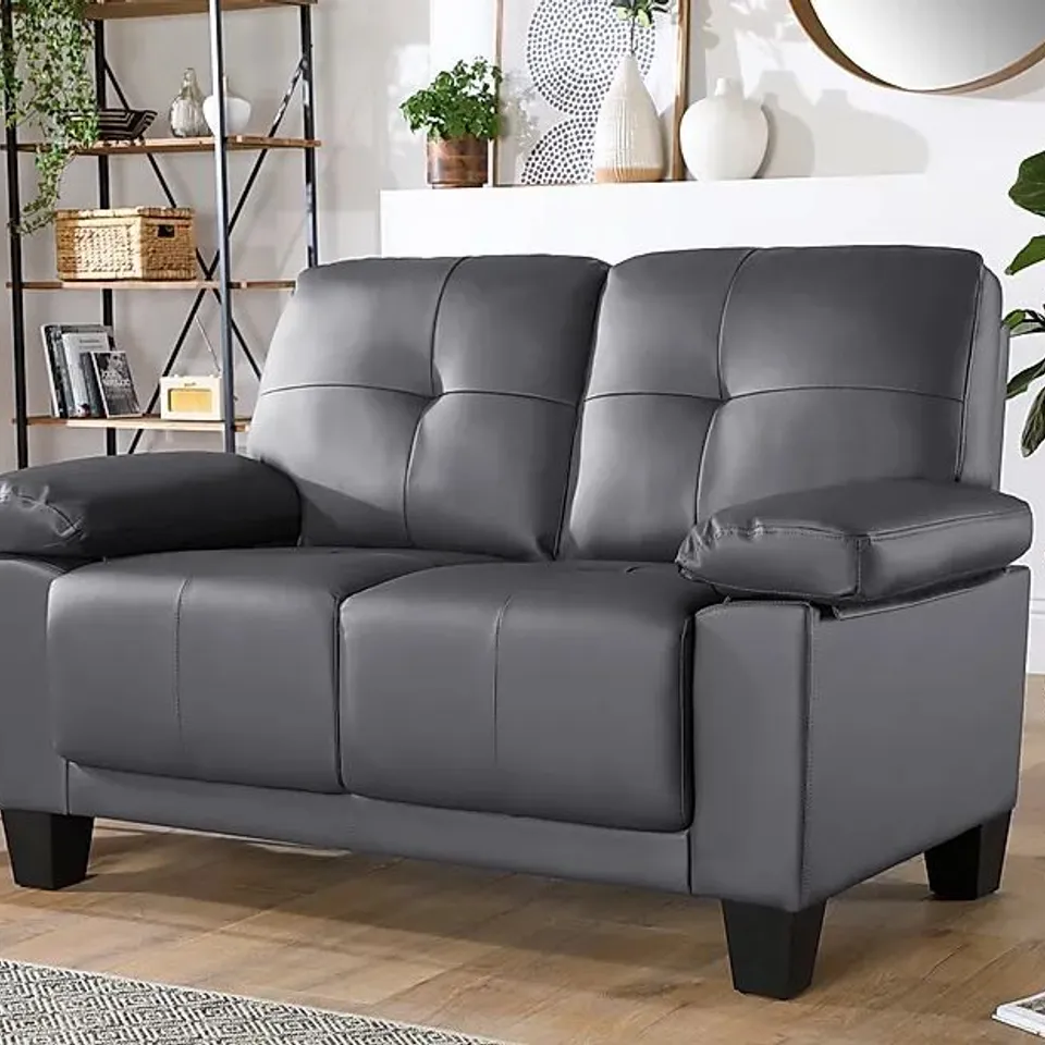 BOXED DESIGNER LINTON SMALL GREY FAUX LEATHER 2 SEATER SOFA 