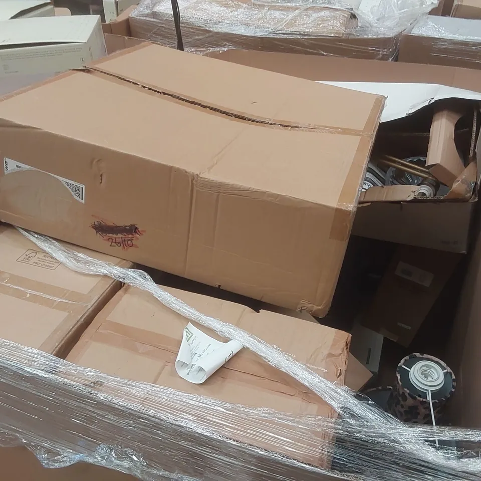 PALLET CONTAINING A VERY LARGE QUANTITY OF ASSORTED DESIGNER LIGHTING PRODUCTS INCLUDING: CLEMENTINE FLOOR LAMP, MILEY 4 LIGHT SPOTLIGHT BAR, COLT BAR CEILING LIGHT, FAWSLEY FERN WALL LIGHT ECT