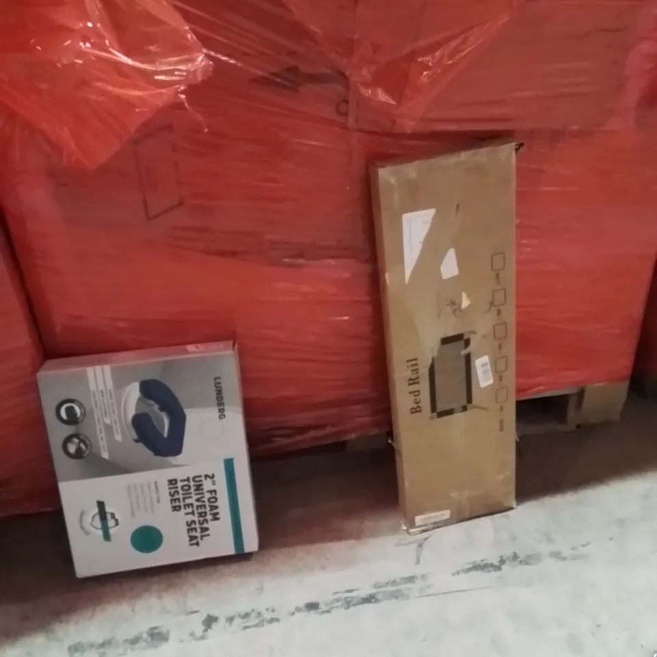 PALLET OF ASSORTED HOUSEHOLD GOODS AND PRODUCTS TO INCLUDE;TOILET SEAT RISER,BED RAIL