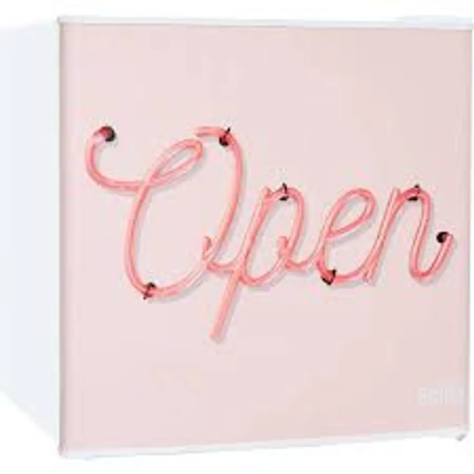 BOXED KUHLA KTTF0E6W-1025 PINK OPEN SIGN DESIGN 45L TABLE TOP MINI FRIDGE