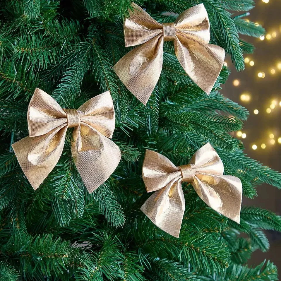 SET OF 9 GOLD METALLIC CHRISTMAS TREE BOWS - 15 CM