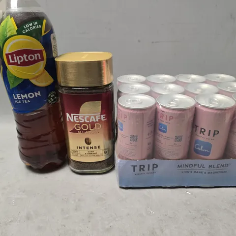 APPROXIMATELY 12 ASSORTED DRINKS ITEMS TO INCLUDE - LIPTON LEMON ICED TEA , TRIP , NESCAFE GOLD BLEND 