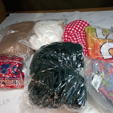 BOX OF ASSORTED CLOTHING ITEMS TOO INCLUDE DRESSES , SHIRTS AND TROUSERS IN VARIOUS SIZES AND COLOURS