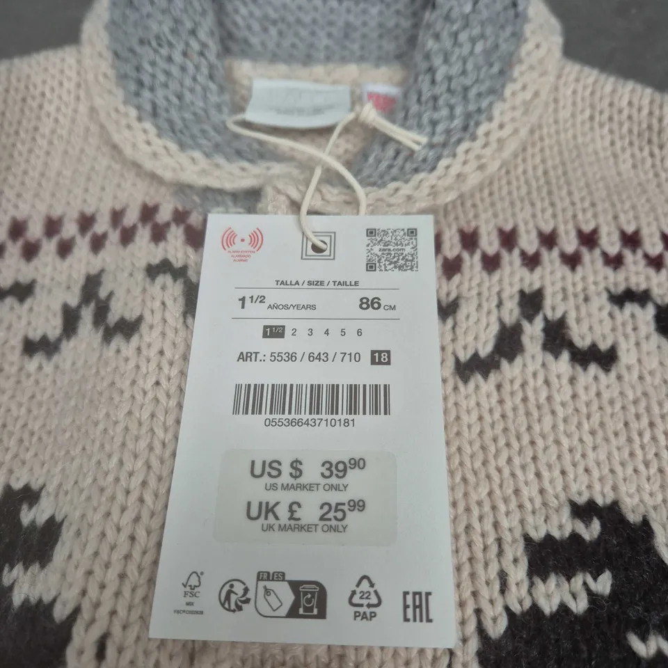 ZARA Kids Knitted Cardigan – Cream/Grey Fair Isle, UK 12-18m (1½ yrs, 86 cm)