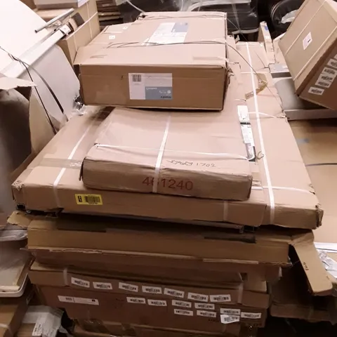 PALLET OF ASSORTED BATHROOM PARTS INCLUDING SHOWER TRAY, SLIDING SHOWER DOOR & FREE STANDING BASIN CABINET