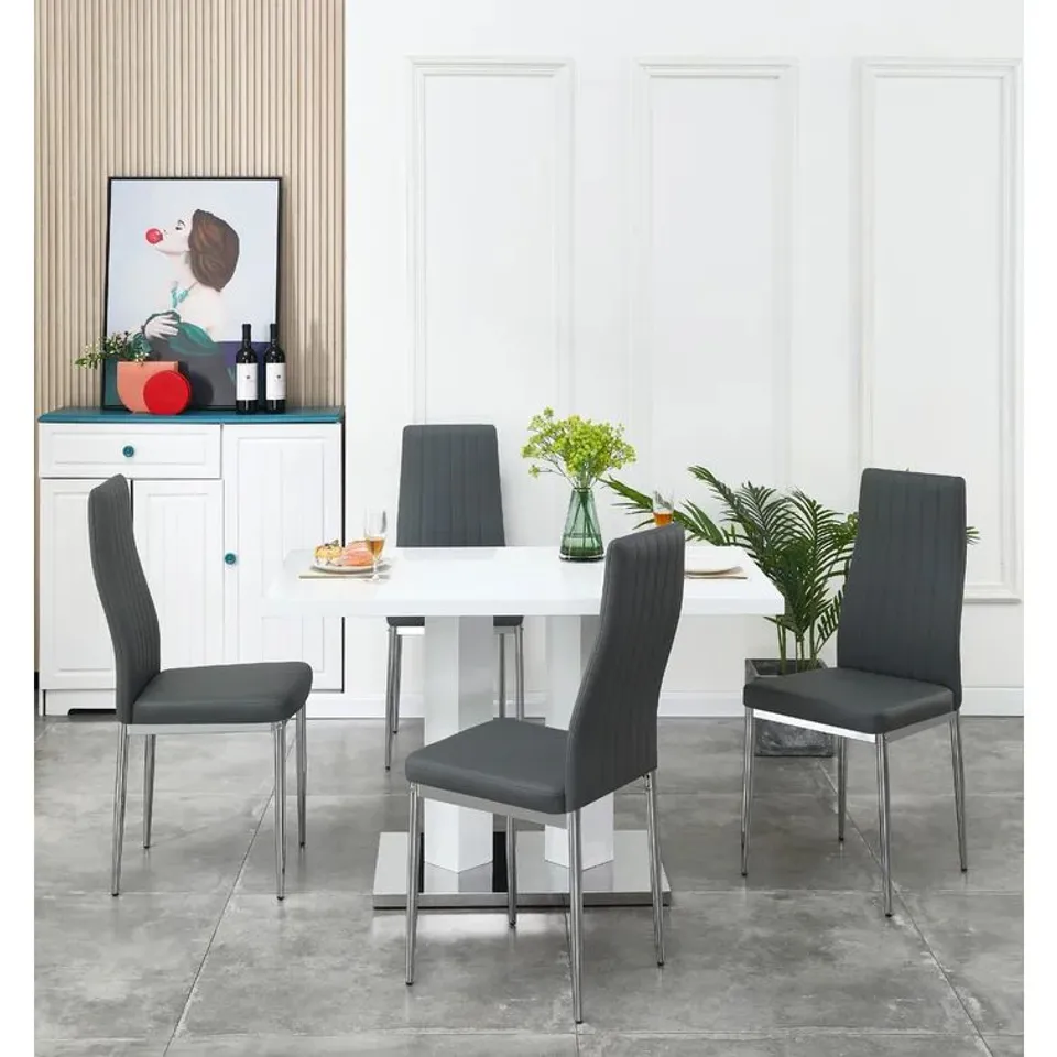 BOXED BRITTLYNN 4  PERSON DINING SET - WHITE HIGH GLOSS TABLE, GREY VELVET CHAIRS (5 BOXES)