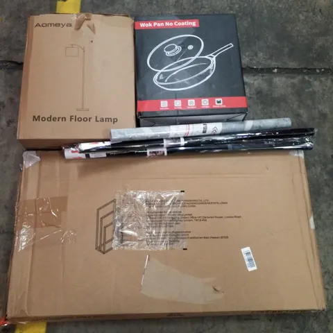 PALLET CONTAINING ASSORTED PRODUCTS INCLUDING MODERN FLOOR LAMP, WOK PAN NO COATING, WALLPAPER FILM & METAL TOWEL RACK