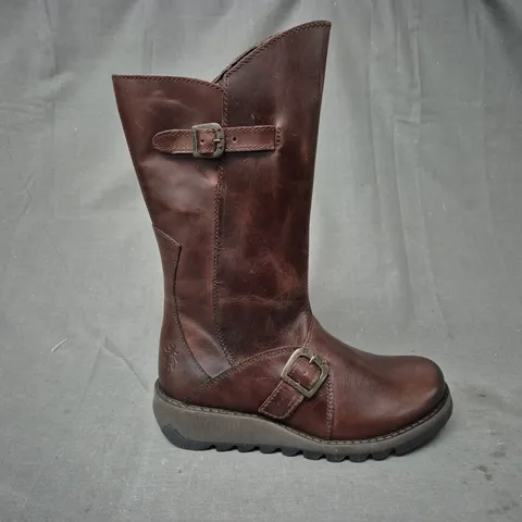 BOXED PAIR OF FLY LONDON WEDGE BOOTS IN DARK BROWN UK SIZE 3