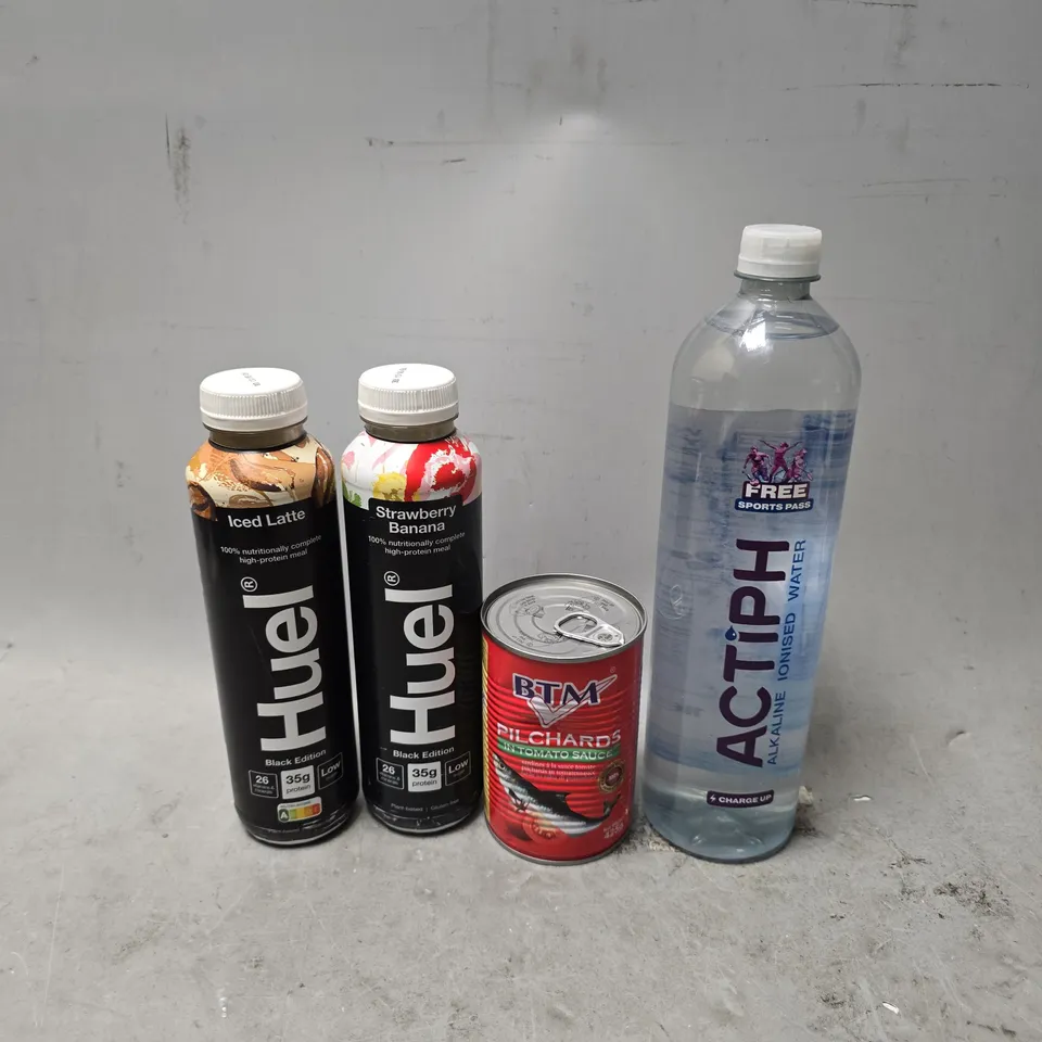 APPROXIMATELY 7 ASSORTED FOOD & DRINK ITEMS TO INCLUDE - HUEL STRAWBERRY BANANA , ACTIPH IONISED WATER , HUEL ICED LATTE ETC